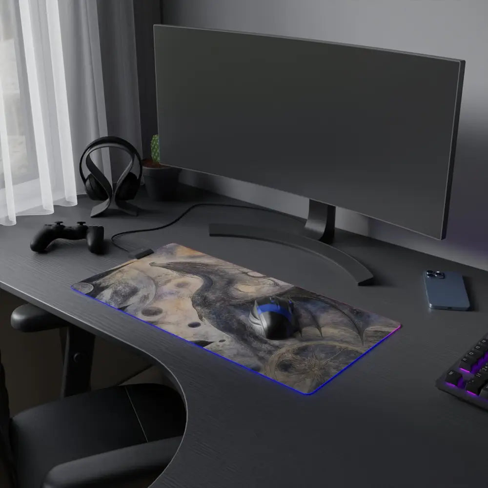Led gaming mouse pad with mystical dragon design in gray and beige featuring glowing purple rgb lights and micro usb cable