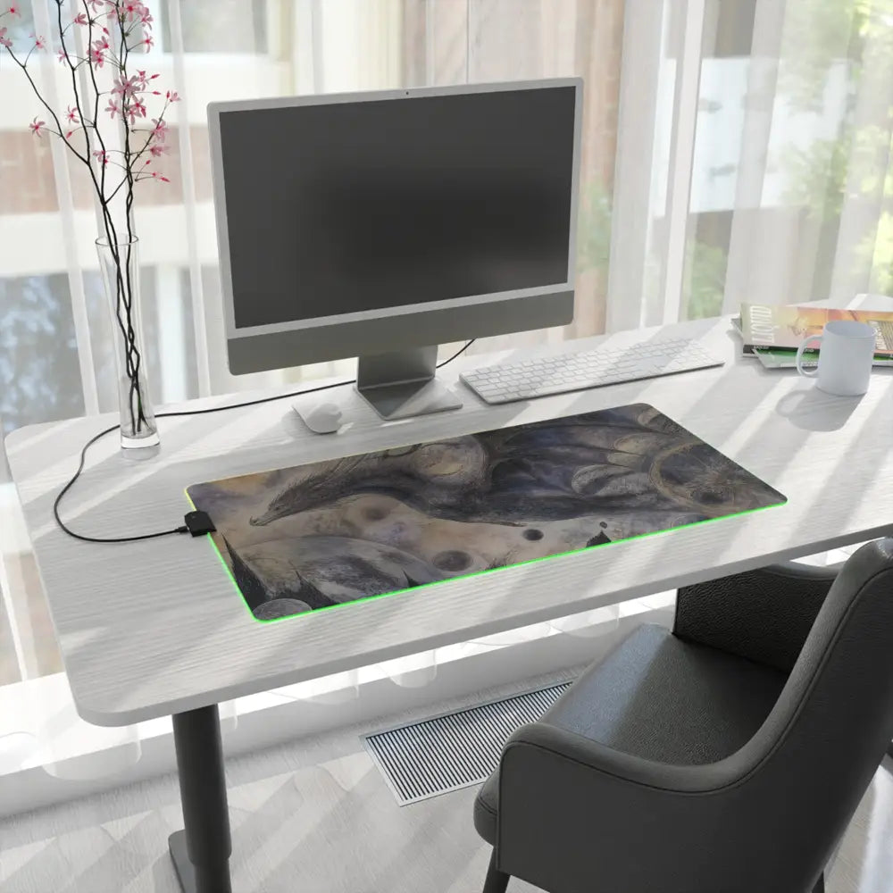 Led gaming mouse pad with dark fantasy artwork, glowing green rgb edges, and micro usb cable for desktop use