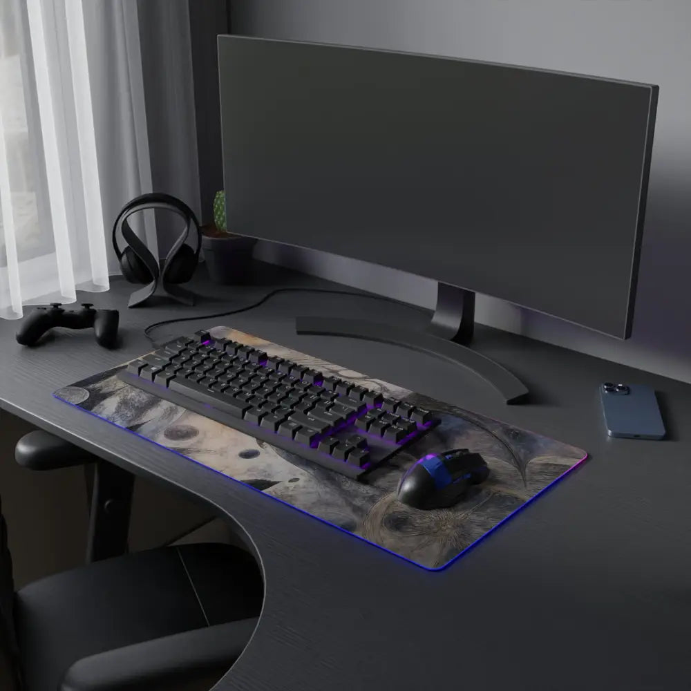 Led gaming mouse pad with cosmic galaxy design and purple rgb lighting edges includes micro usb cable