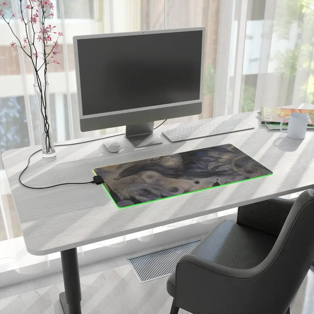 Led gaming mouse pad with dark swirling design and glowing green led edge lighting includes micro usb cable