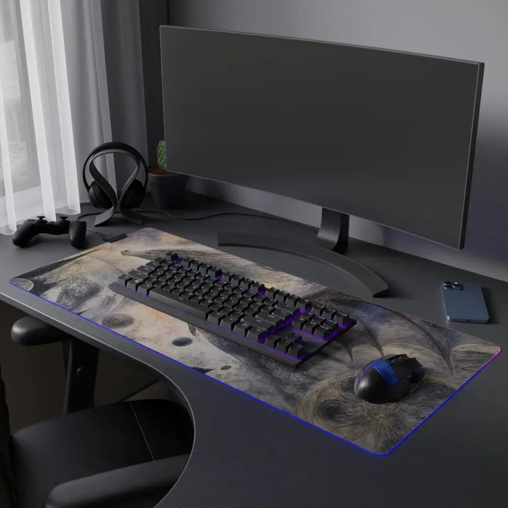 Led gaming mouse pad with dark intricate winged design and glowing purple rgb border with micro usb cable