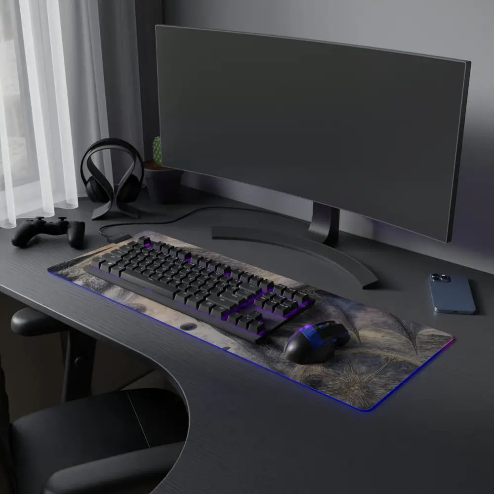 Led gaming mouse pad with purple-lit feather design in black and gray tones featuring micro usb cable connection