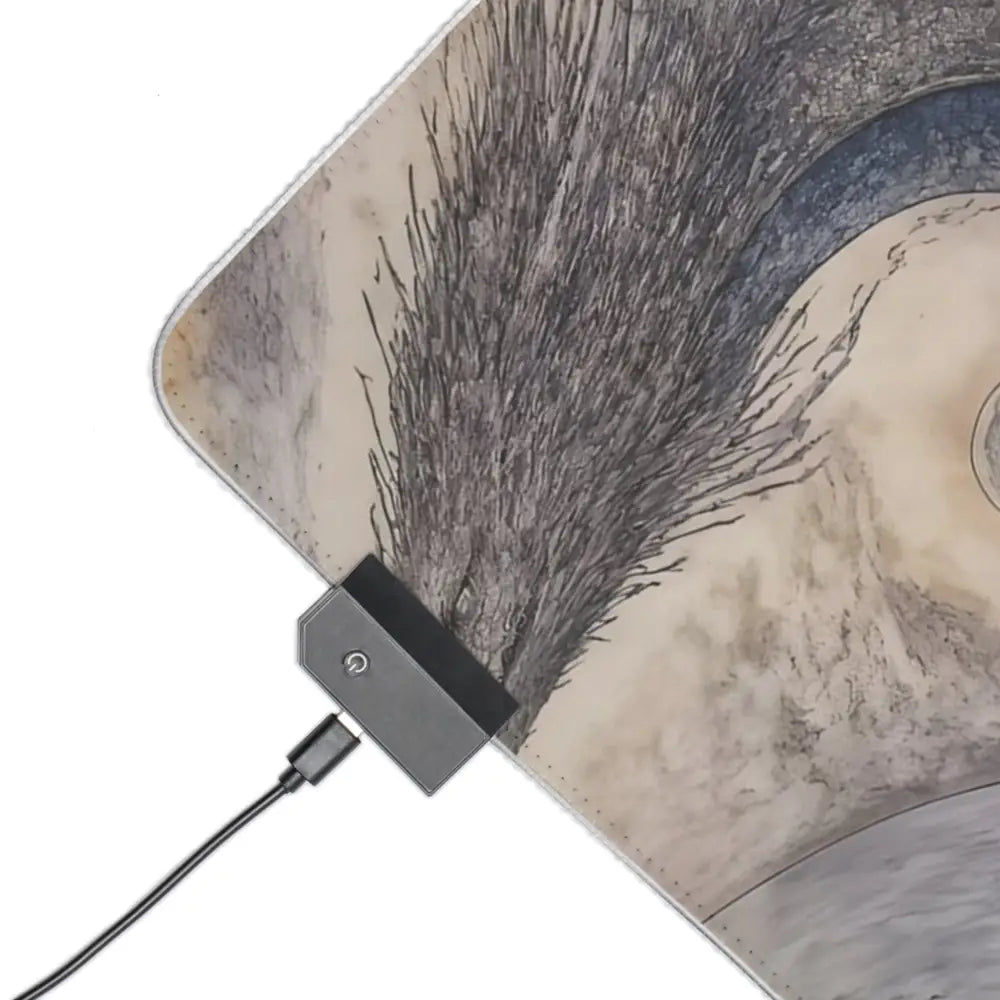 A sleek black usb charging dock with circular power button connected by micro usb cable on a mystical dragon led gaming mouse pad
