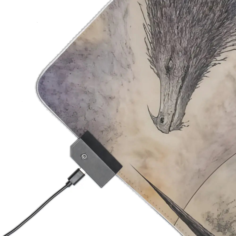 A sleek black usb charging dock with power button connected by micro usb cable on a led gaming mouse pad mystical dragon rgb desk mat