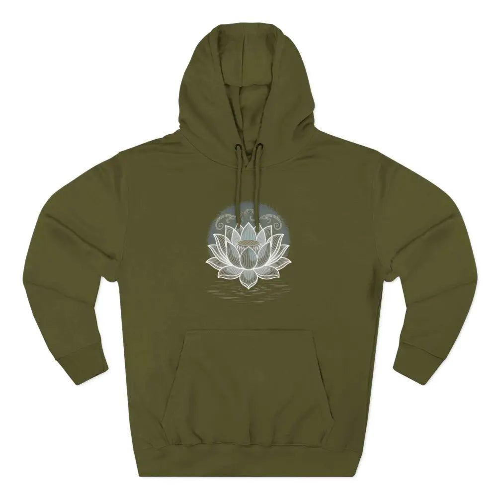 Olive green Lotus Blossom fleece unisex hoodie with white lotus design, spacious kangaroo pocket