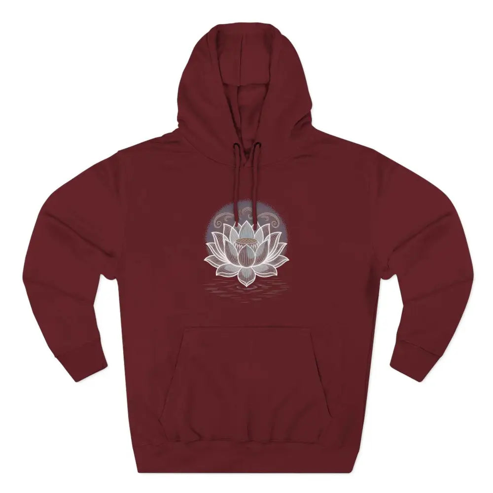 Maroon Lotus Blossom Fleece Unisex Hoodie with white lotus flower, three-panel fleece, spacious kangaroo pocket, and twill tape neck