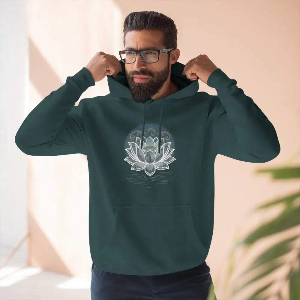 Dark teal Lotus Blossom Fleece Unisex Hoodie with white lotus design, spacious kangaroo pocket