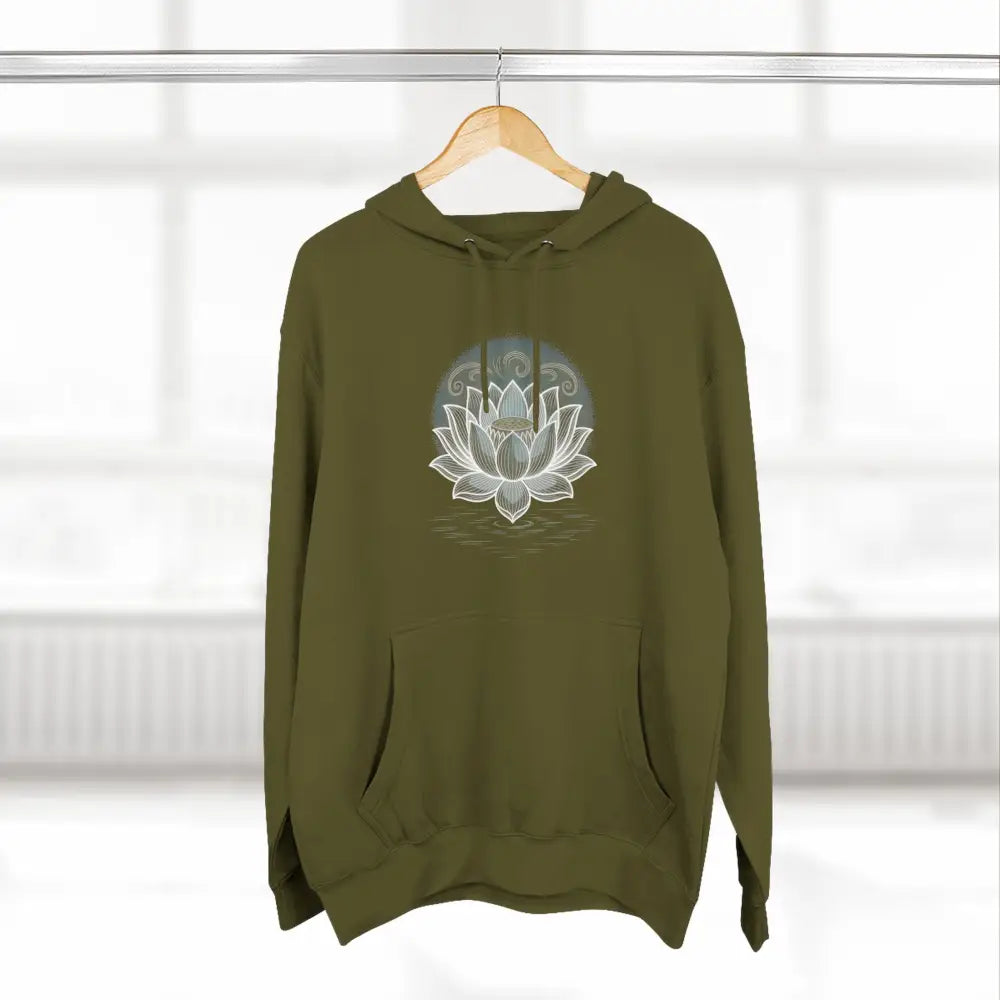 Olive green three-panel fleece hoodie with white lotus flower design, spacious kangaroo pocket, and twill tape neck