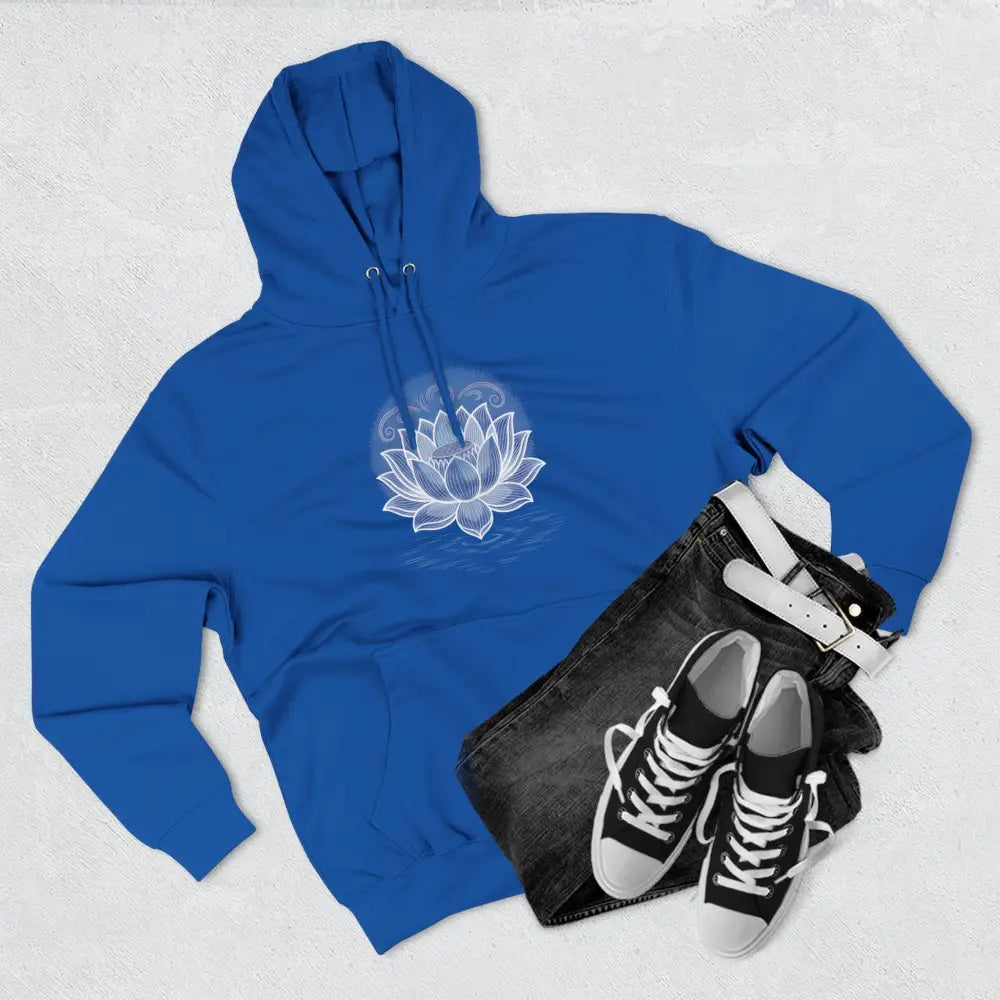 Royal blue Lotus Blossom Fleece Unisex Hoodie with white lotus flower design, spacious kangaroo pocket, and twill tape neck