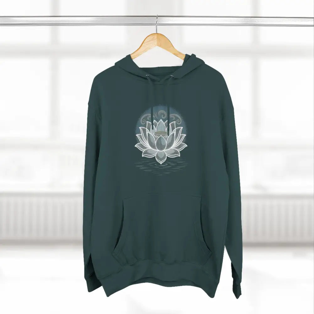 Dark green three-panel fleece hoodie with white lotus flower graphic and spacious kangaroo pocket