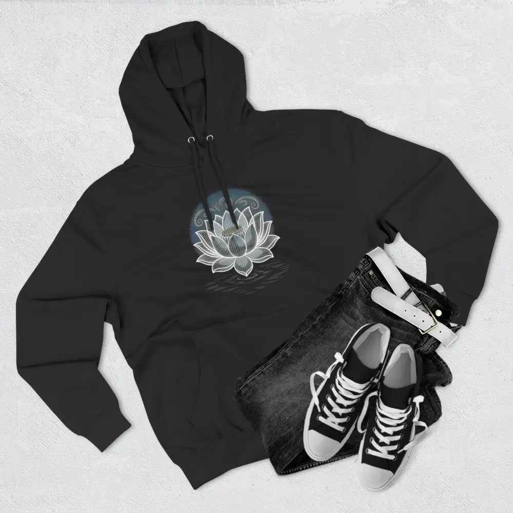 Black three-panel fleece hoodie with white lotus flower design, spacious kangaroo pocket, and twill tape neck