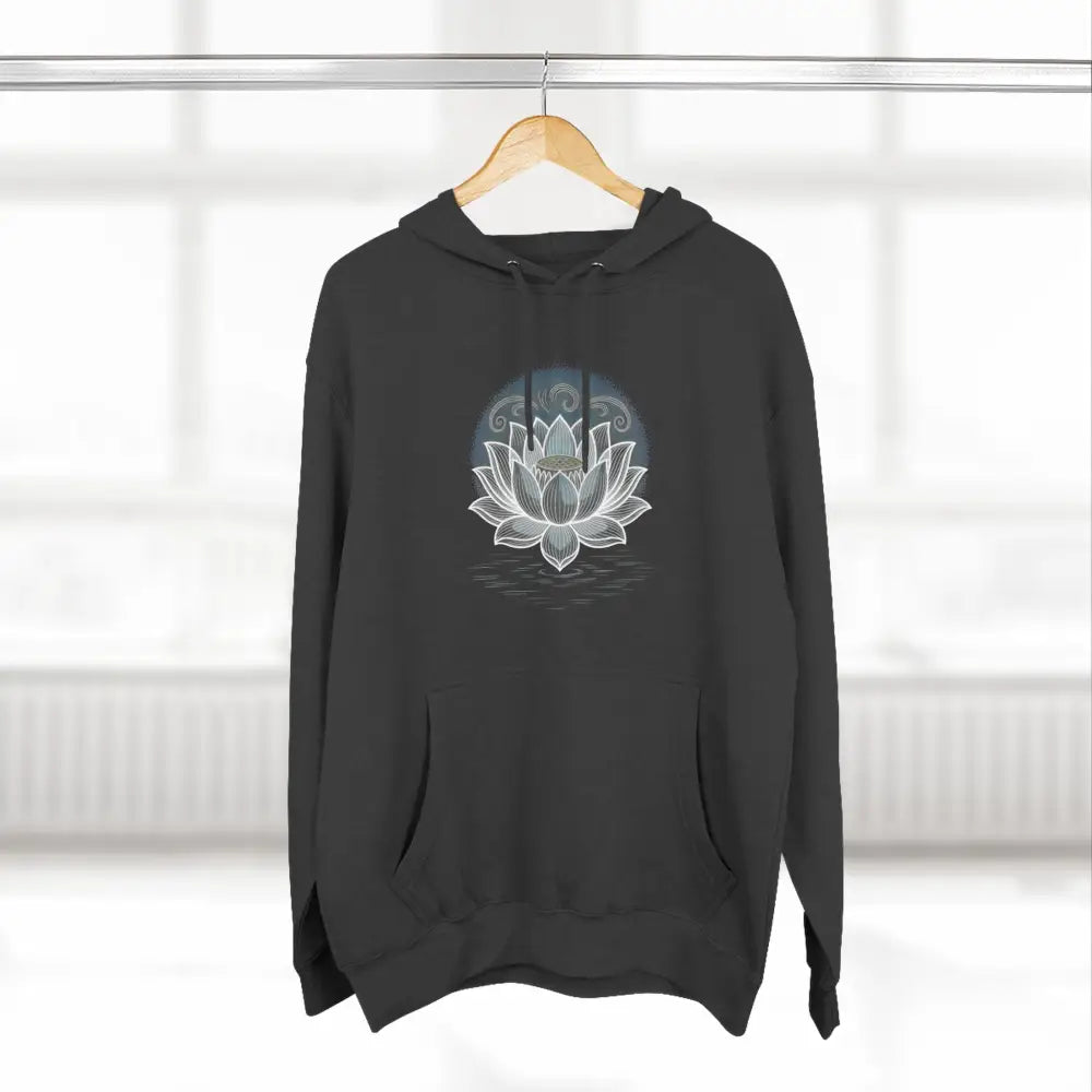 Black hoodie with white lotus flower design, three-panel fleece, spacious kangaroo pocket
