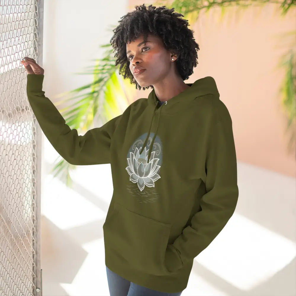Women’s olive green Lotus Blossom fleece hoodie with white lotus flower, spacious pocket, twill tape neck