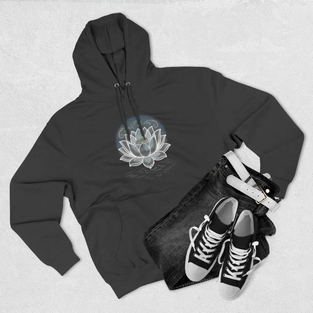 Dark grey Lotus Blossom fleece hoodie with white lotus design, spacious kangaroo pocket