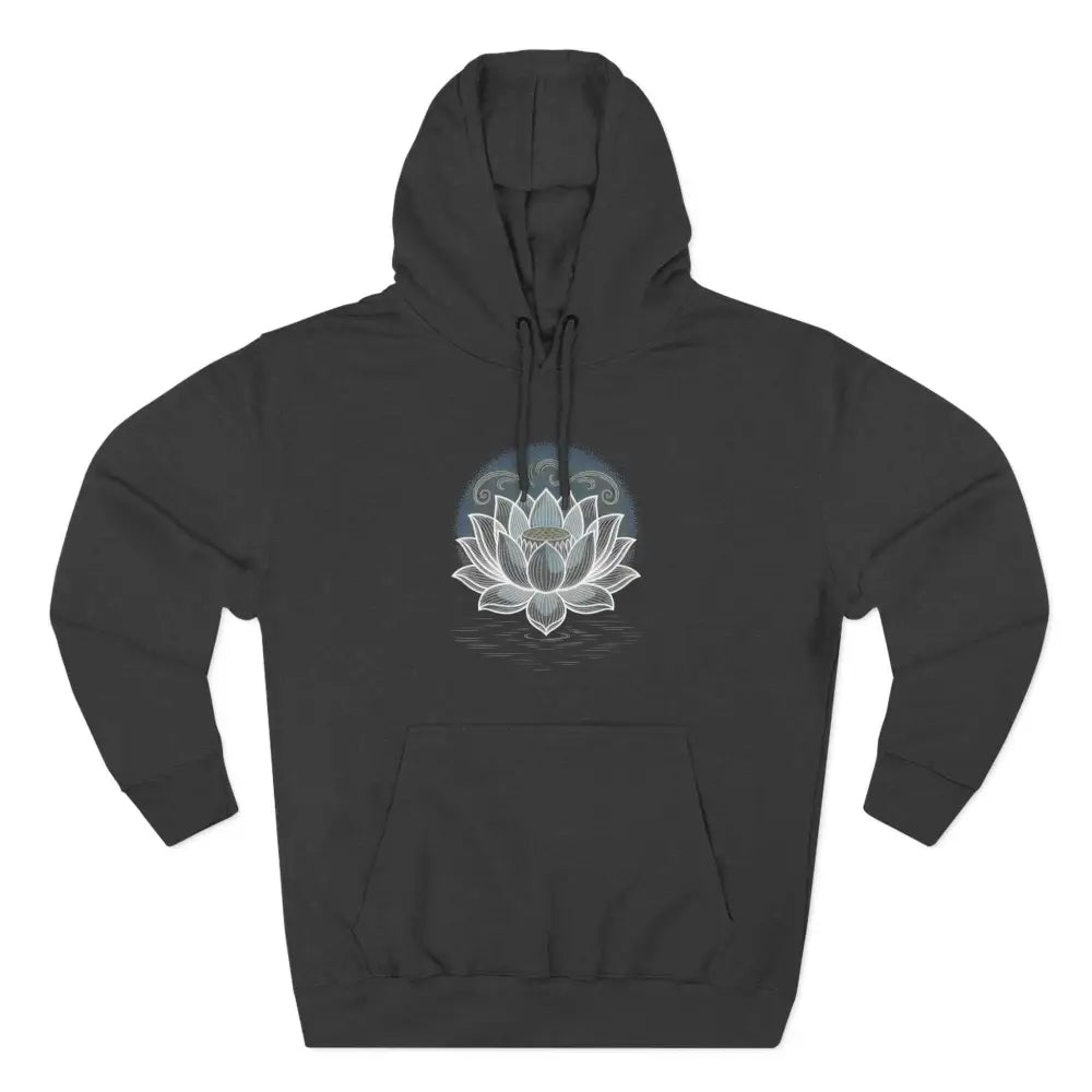 Dark gray Lotus Blossom Fleece Unisex Hoodie with white lotus design, spacious kangaroo pocket