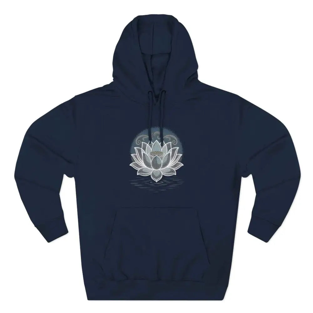 Navy blue Lotus Blossom Fleece Unisex Hoodie with white lotus design, spacious kangaroo pocket, and twill tape neck