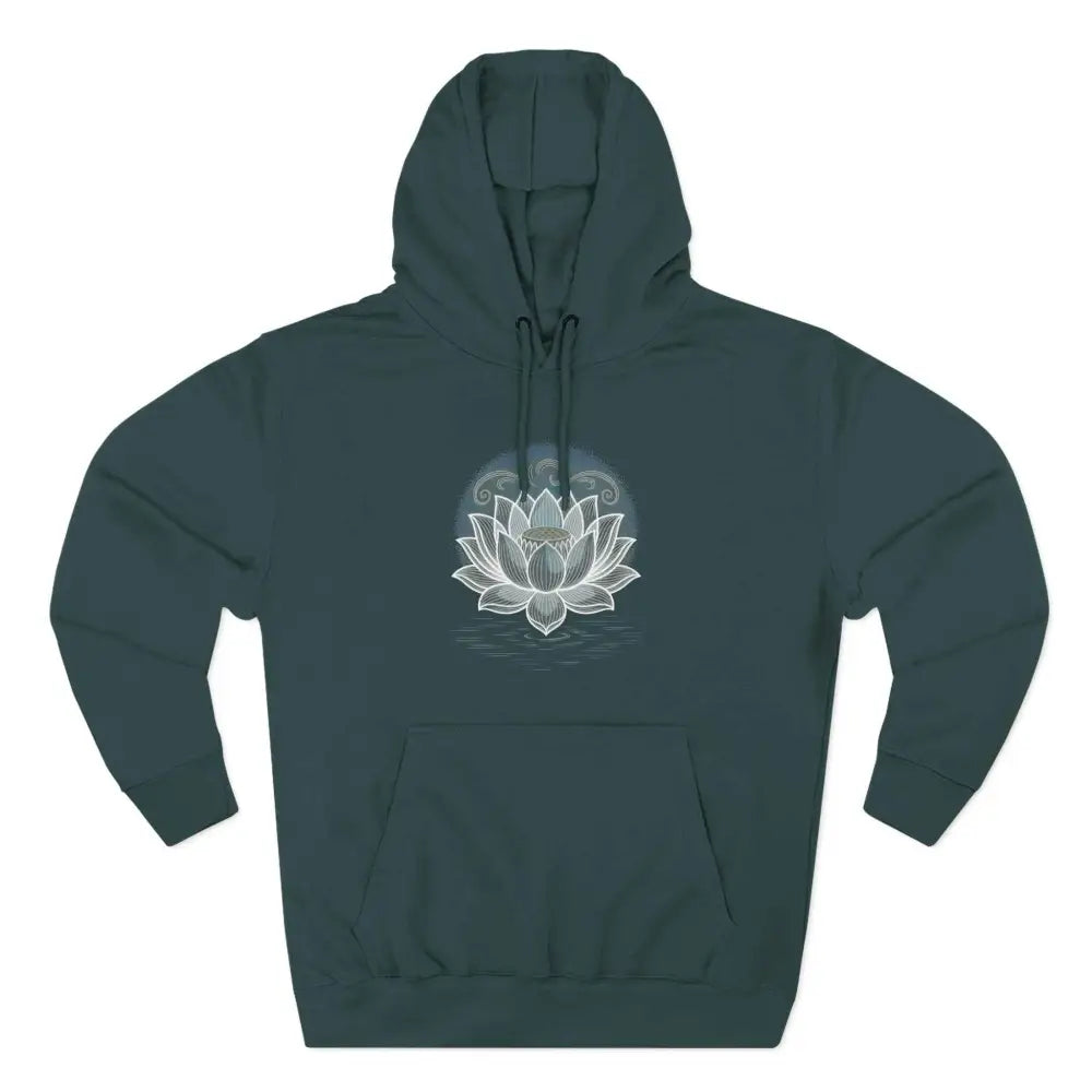 Dark green Lotus Blossom Fleece Unisex Hoodie with white lotus design, spacious kangaroo pocket, and twill tape neck