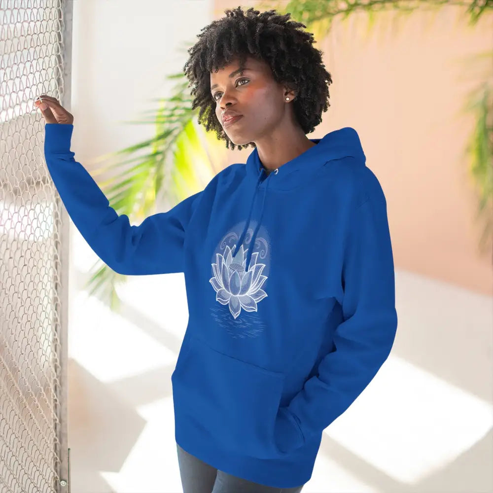 Royal blue Lotus Blossom Fleece Unisex Hoodie with white lotus design, spacious kangaroo pocket
