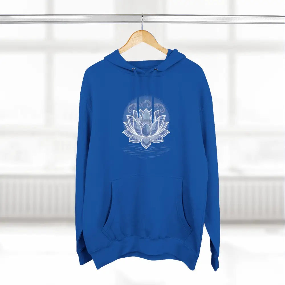 Blue lotus blossom fleece hoodie with spacious kangaroo pocket and twill tape neck