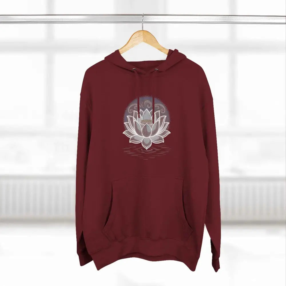Maroon Lotus Blossom Fleece Unisex Hoodie with white lotus flower, spacious kangaroo pocket, and twill tape neck