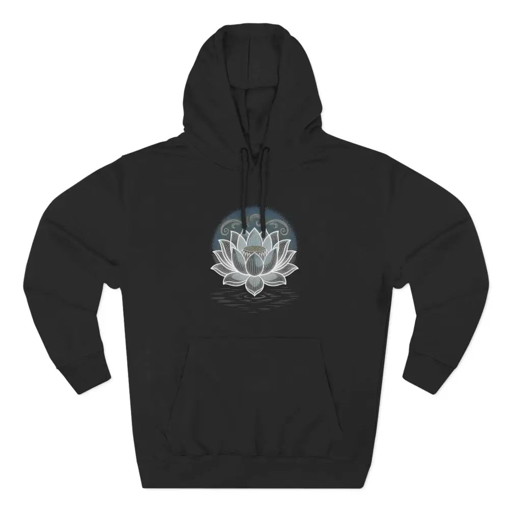 Black Lotus Blossom Fleece Unisex Hoodie with white lotus flower, spacious kangaroo pocket