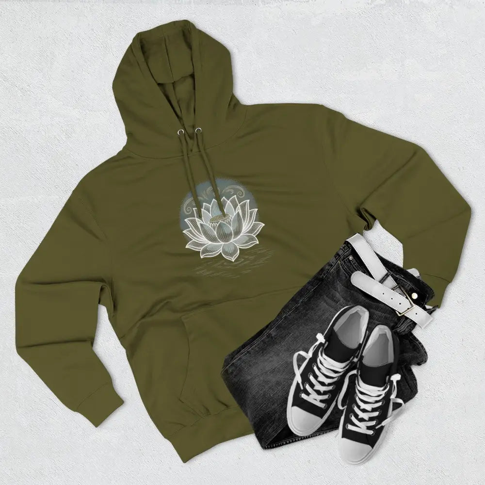 Olive green three-panel fleece hoodie with white lotus flower design and spacious kangaroo pocket