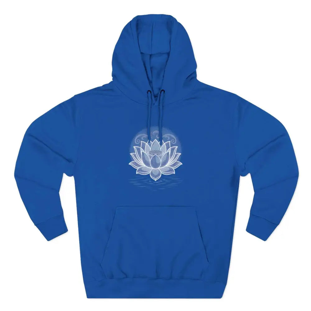 Royal blue Lotus Blossom Fleece Unisex Hoodie with white lotus flower, spacious kangaroo pocket, and twill tape neck