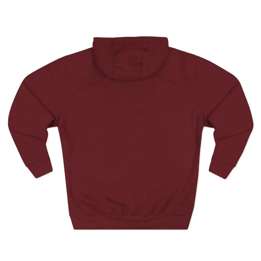 Maroon three-panel fleece hoodie with long sleeves, ribbed cuffs, and spacious kangaroo pocket