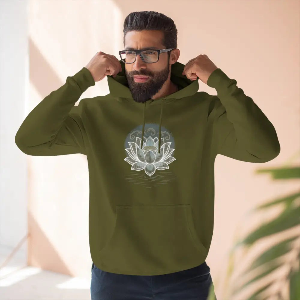 Man wearing an olive green Lotus Blossom fleece unisex hoodie with white lotus design, spacious kangaroo pocket, and twill tape neck