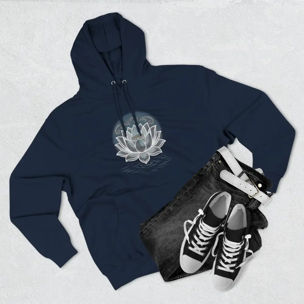 Navy blue Lotus Blossom Fleece Unisex Hoodie with white lotus design, spacious kangaroo pocket