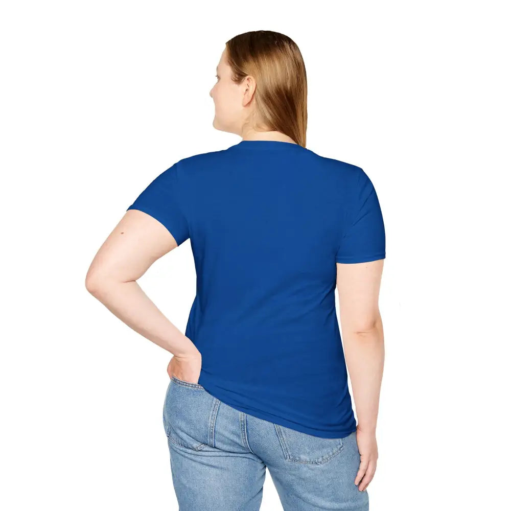 Woman wearing royal blue unisex softstyle t-shirt and light wash jeans for yoga and meditation
