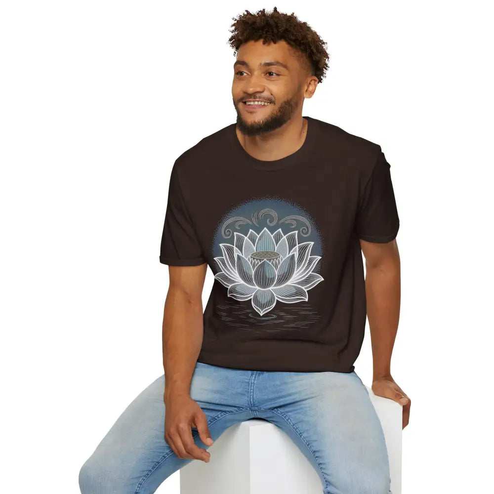 Dark brown unisex softstyle T-shirt with white lotus flower design for yoga and mindfulness
