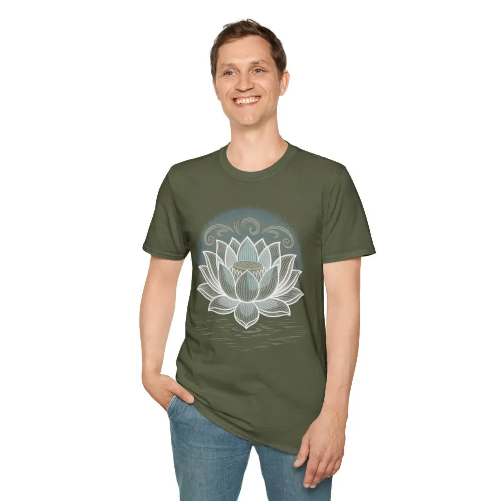 Man wearing an olive green unisex softstyle t-shirt with a white lotus flower design for mindfulness and yoga