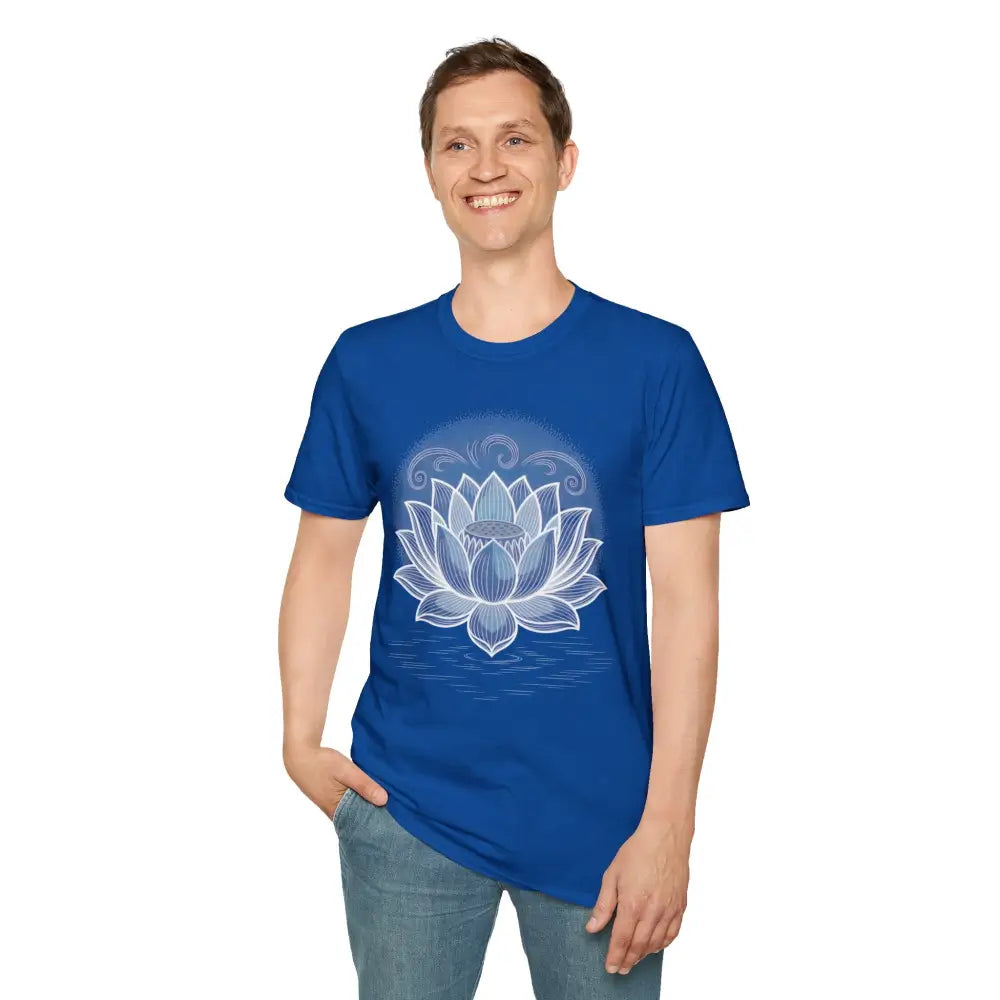 Man wearing royal blue unisex softstyle t-shirt with white lotus flower design enhancing aesthetic appeal