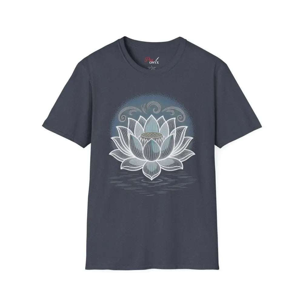 Dark gray unisex softstyle t-shirt with white lotus flower design, enhancing aesthetic appeal