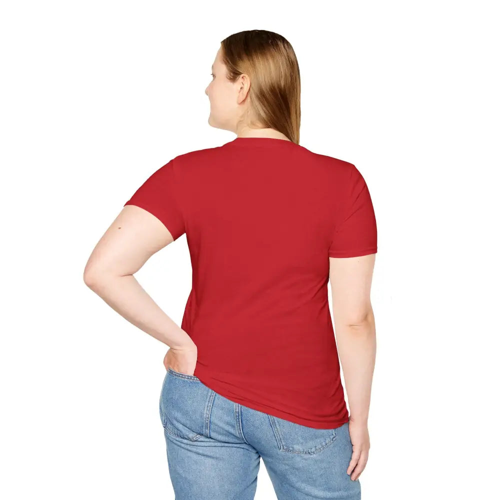 Red unisex softstyle t-shirt with lotus design on woman in blue jeans, stylish and eco-friendly