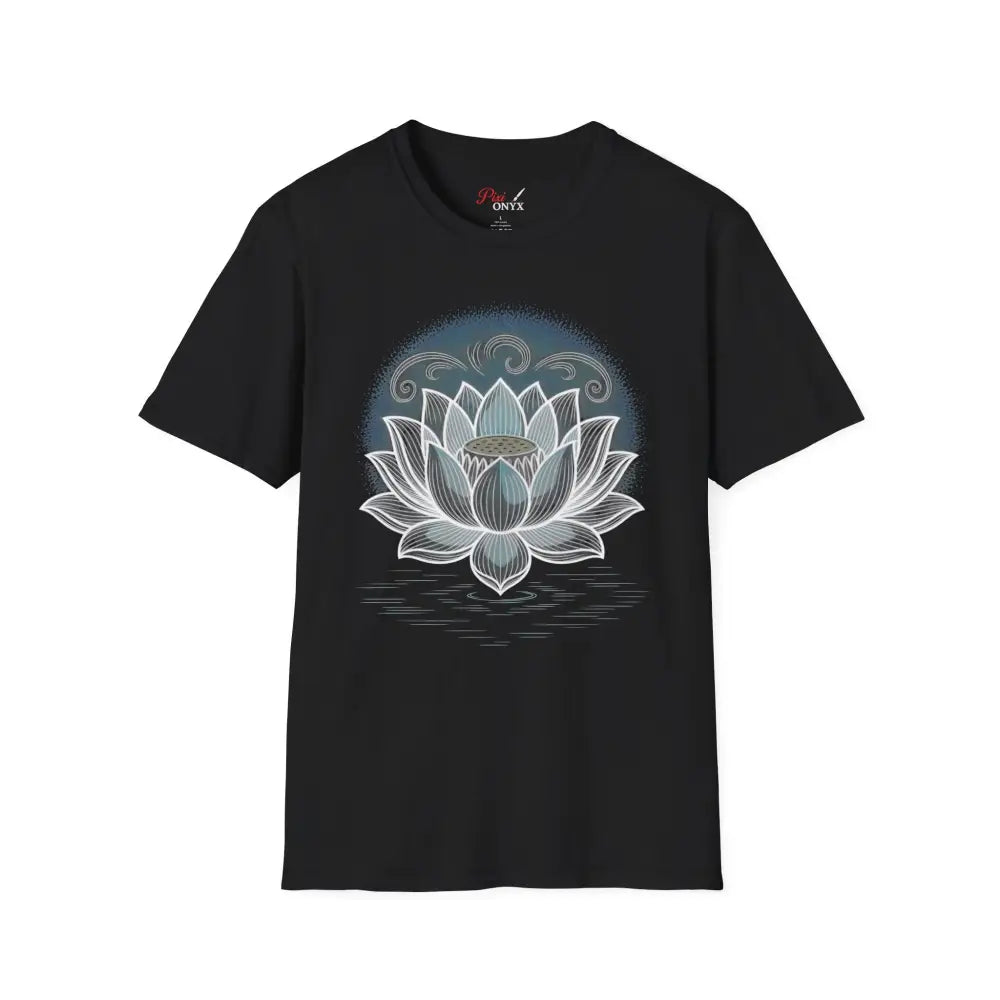 Black unisex softstyle t-shirt with lotus flower design, ideal for mindfulness and yoga wear