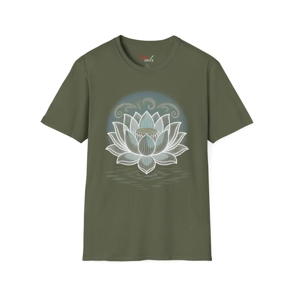 Olive green unisex softstyle T-shirt with white lotus flower design for mindfulness and yoga