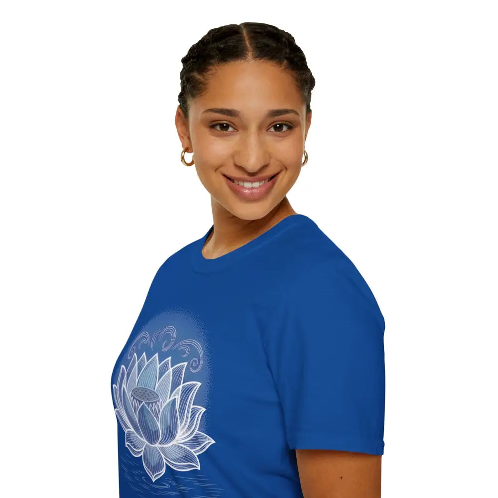 Woman with braided hair wearing lotus design unisex softstyle t-shirt for mindfulness and yoga
