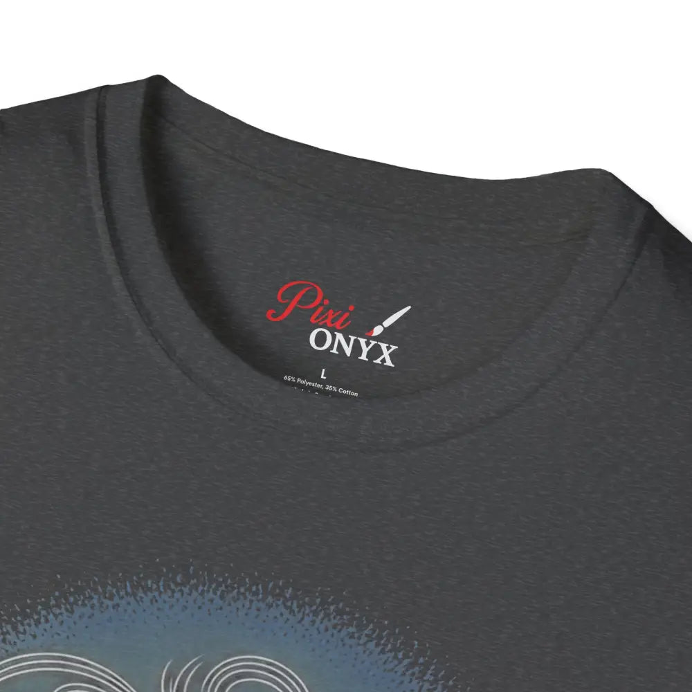 Dark gray unisex softstyle t-shirt with printed neck label, reducing fabric waste, enhancing aesthetic appeal