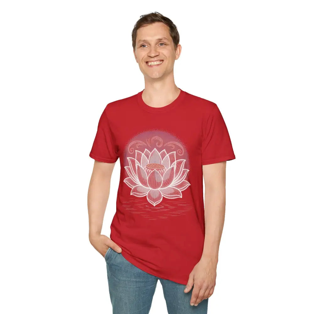 Red unisex softstyle t-shirt with white lotus flower design for yoga and mindfulness