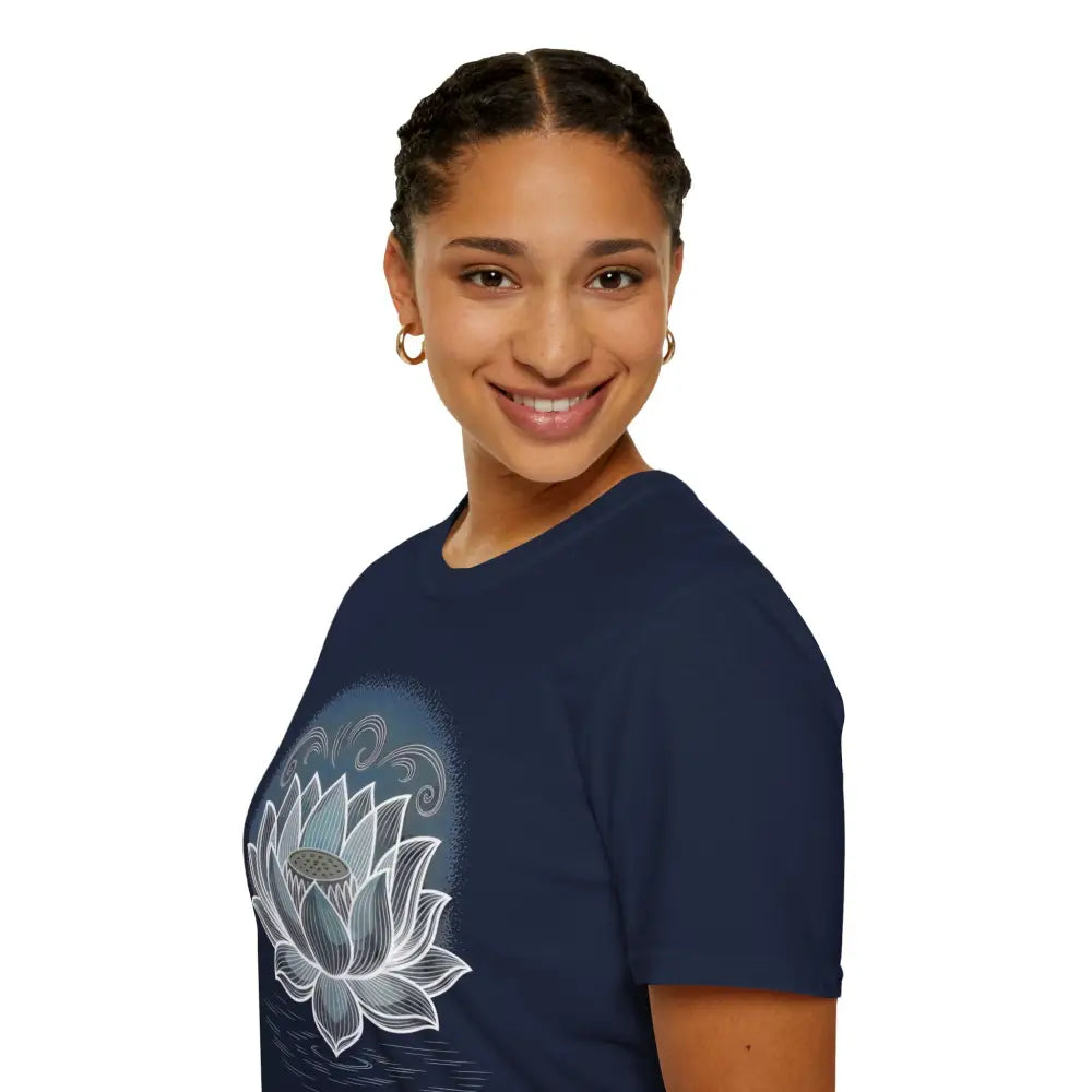 Smiling woman with braided hair wearing unisex softstyle T-shirt with lotus design for mindfulness