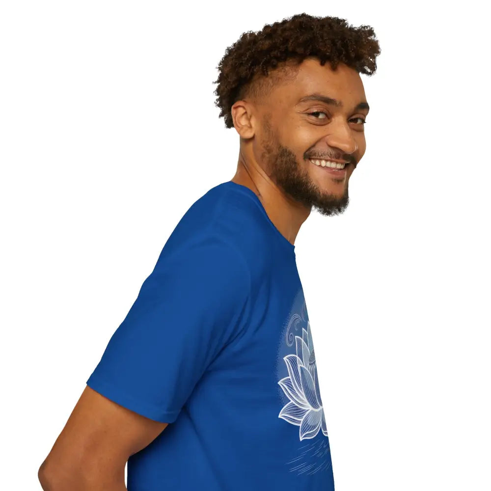 Unisex softstyle t-shirt with white lotus flower graphic, ideal for reducing fabric waste and enhancing aesthetic appeal