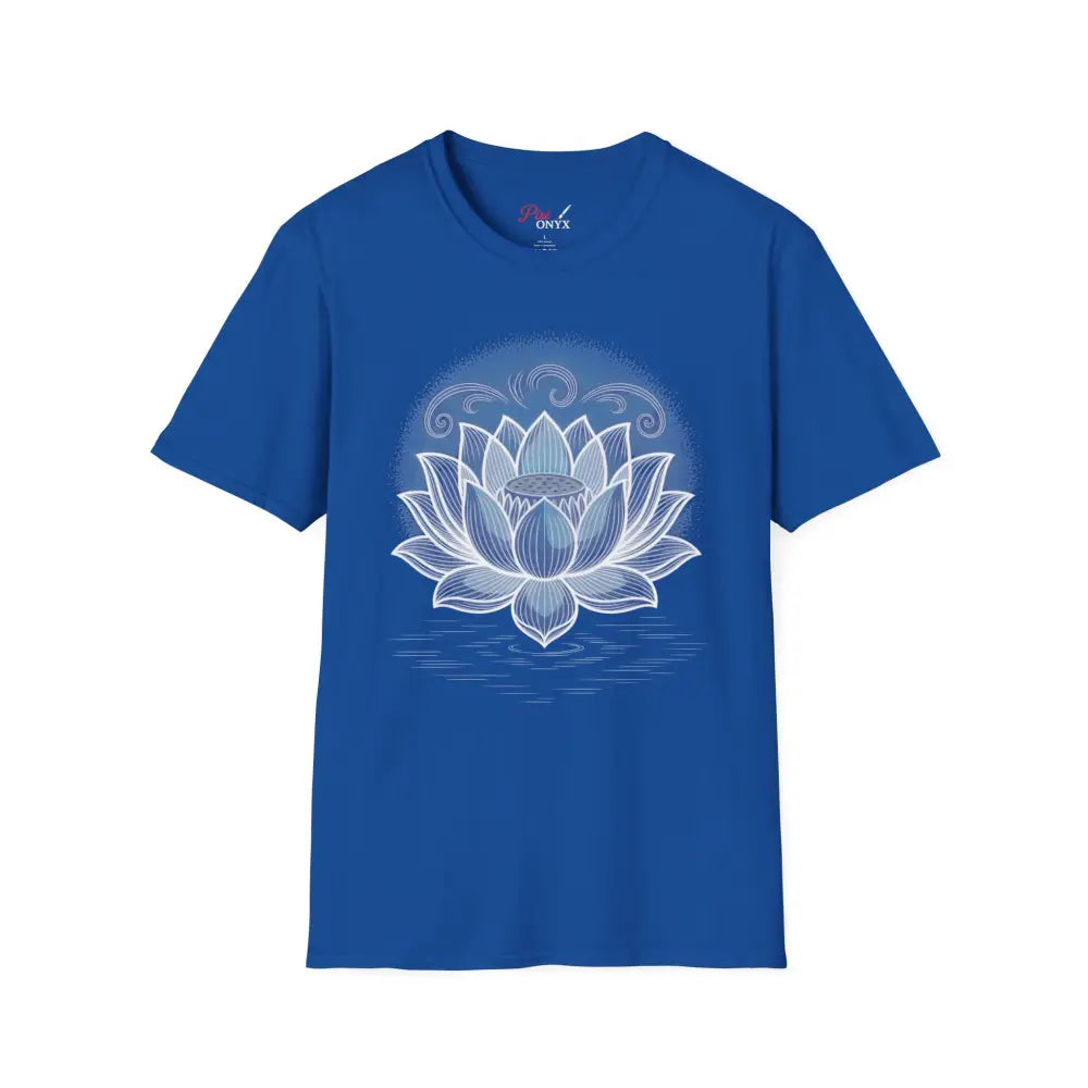 Blue unisex softstyle t-shirt with white lotus flower design for yoga, mindfulness, and meditation