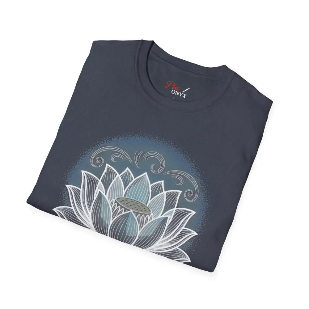 Dark grey unisex softstyle T-shirt with blue and white lotus flower design for mindfulness