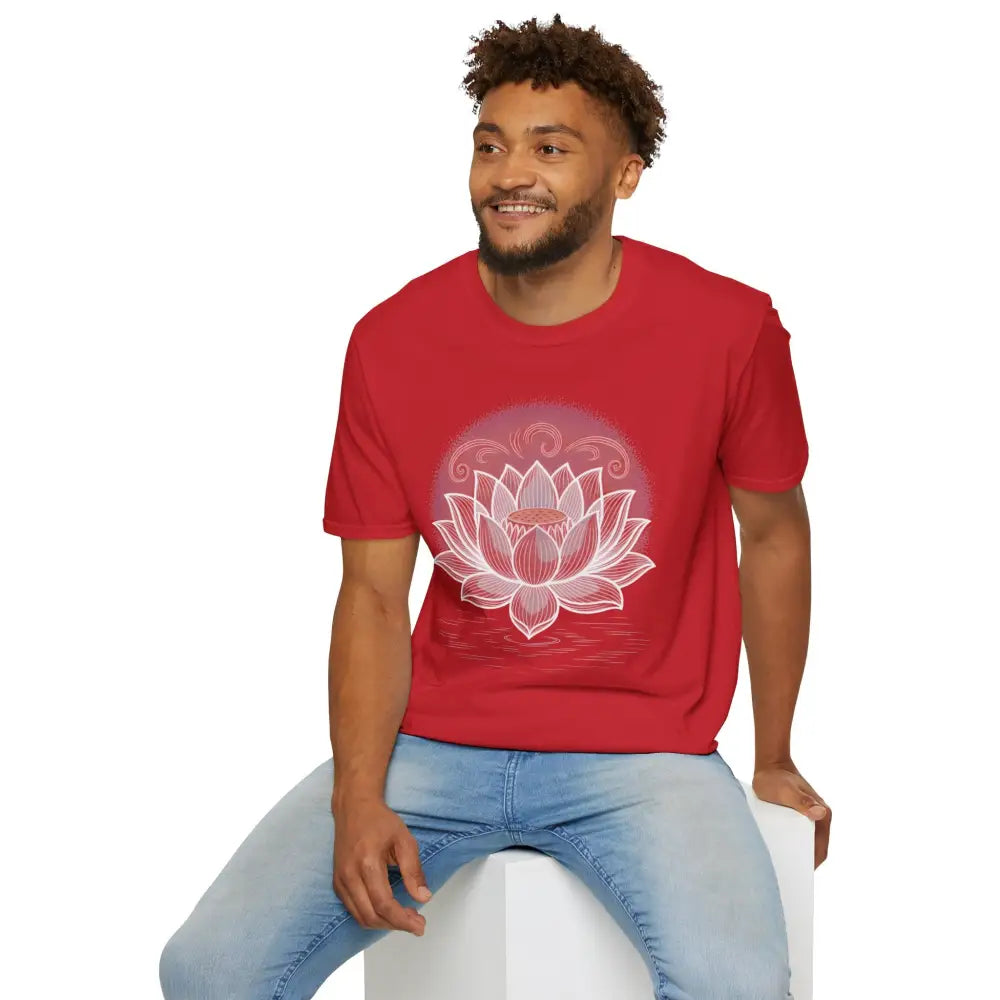 Red unisex softstyle t-shirt with white lotus flower design for yoga and mindfulness