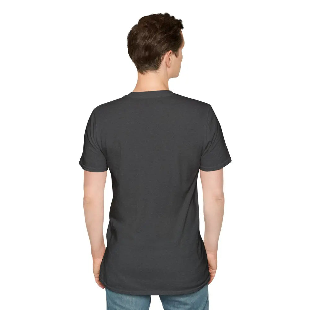Dark gray unisex softstyle t-shirt on person from Lotus Blossom Yoga Apparel collection