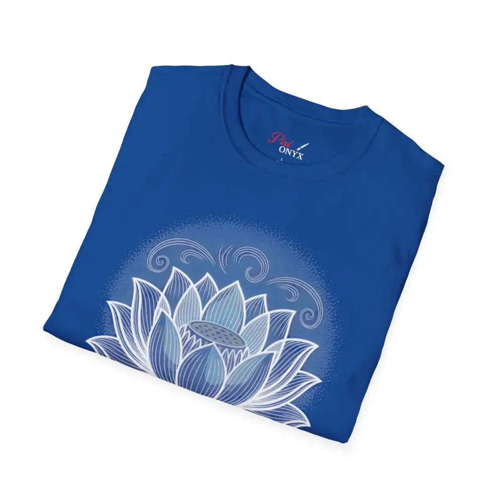 Blue unisex softstyle t-shirt with lotus flower design for yoga, mindfulness, and reducing fabric waste