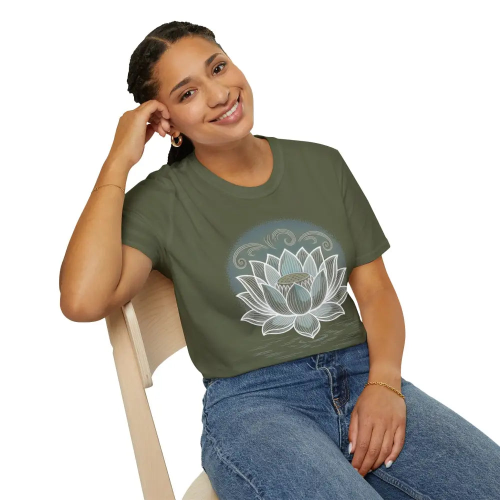 Woman wearing unisex softstyle t-shirt with lotus design, promoting reducing fabric waste