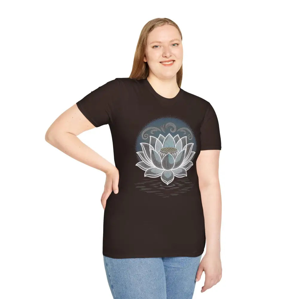 Black unisex softstyle t-shirt with lotus flower design for yoga, meditation, and mindfulness